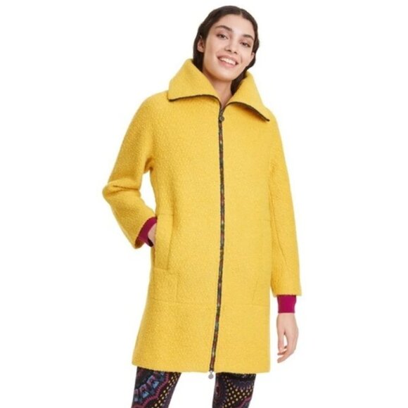 Desigual Yellow Wool Blend Land Abrig Coat Mustard Metallic Zip NWOT 44 - Picture 3 of 12